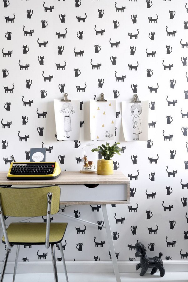 Papel pintado gatos negros fondo blanco Cats World 677366