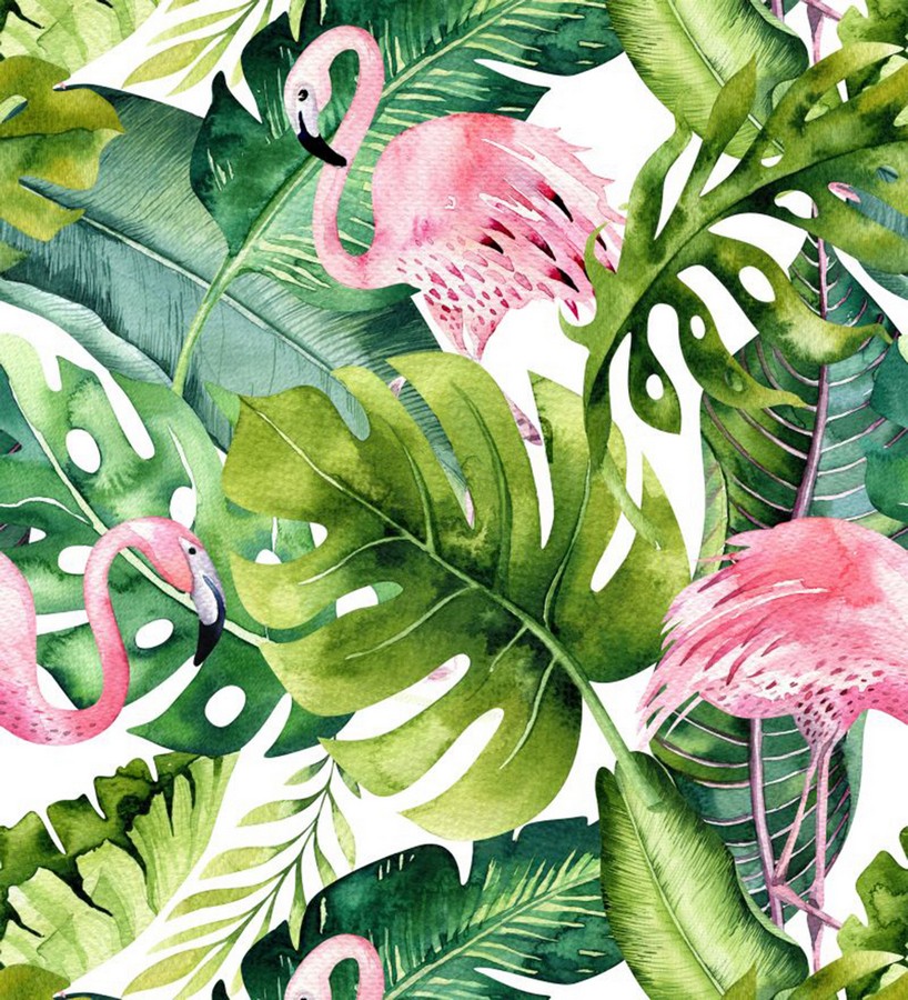 Papel pintado tropical flamencos y hojas de selva Flamingo Swing 679084