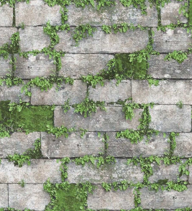 Papel pintado muro de piedra con musgo Brick Garden 125802
