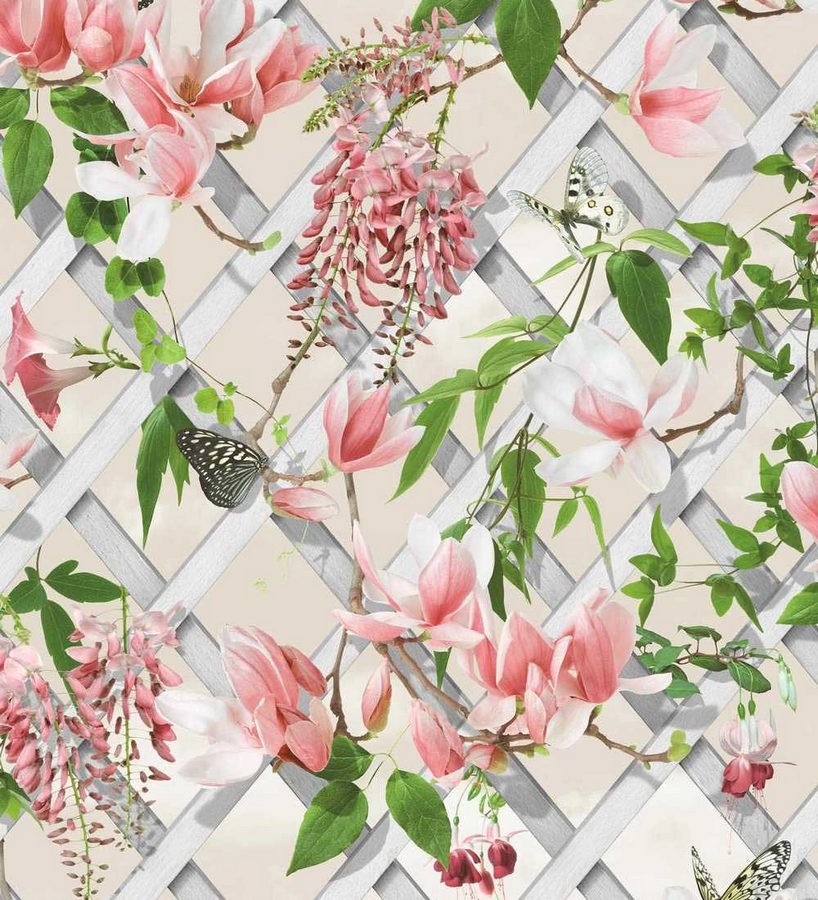 Papel pintado celosía de flores y mariposas Beverly Gardens 125817
