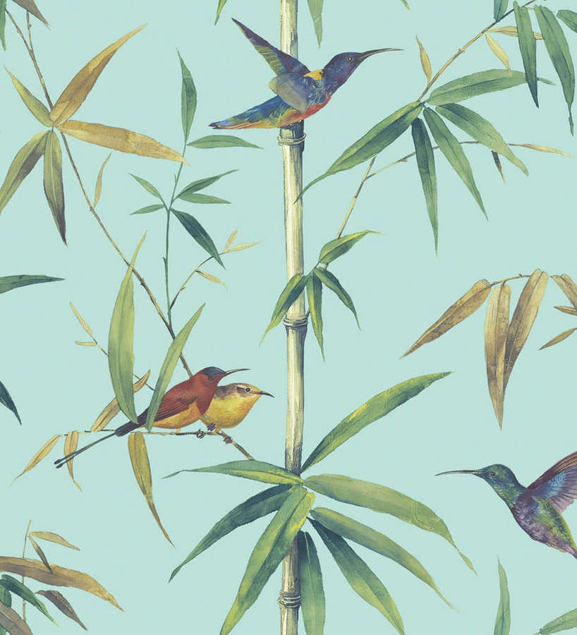 Papel pintado tropical con pájaros y hojas fondo celeste Guinea Tropical 124174