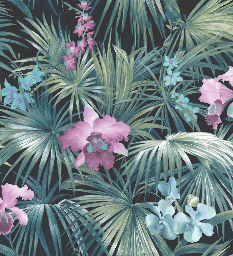 Papel pintado hojas de la jungla dominicana verde pálido y lila Dominican Jungle 124196