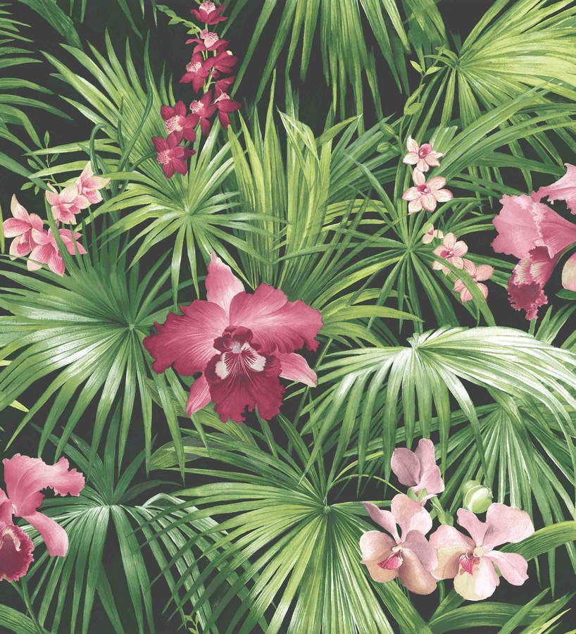 Papel pintado autoadhesivo plantas tropicales verde y rosa 50x300