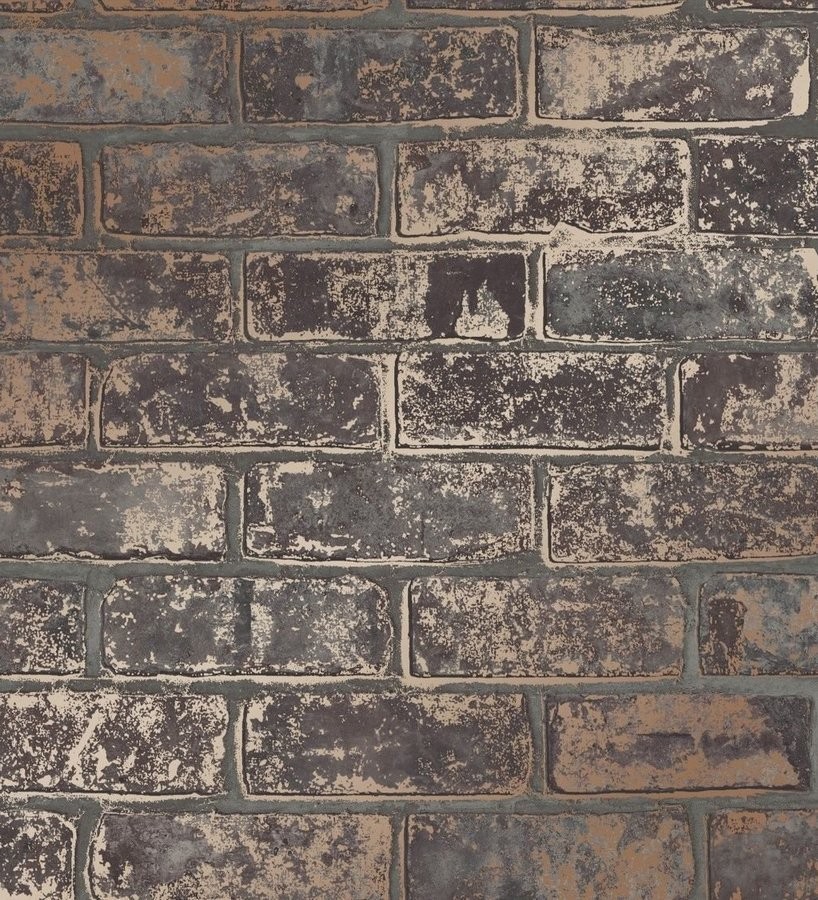 Papel pintado muro de ladrillo marrón oscuro con detalles en tonos metalizados Talbot Street 680104