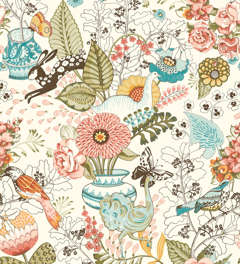 Papel pintado romántico con mariposas conejos y ocas Sophie Blossom 679376