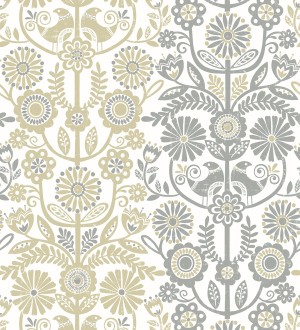 Papel pintado nórdico de flores formando rayas ocres y grises Canterbury 679396