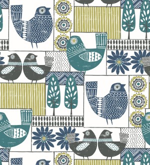 Papel pintado de gallinas y árboles con estilo nórdico Scandi Birds 679406