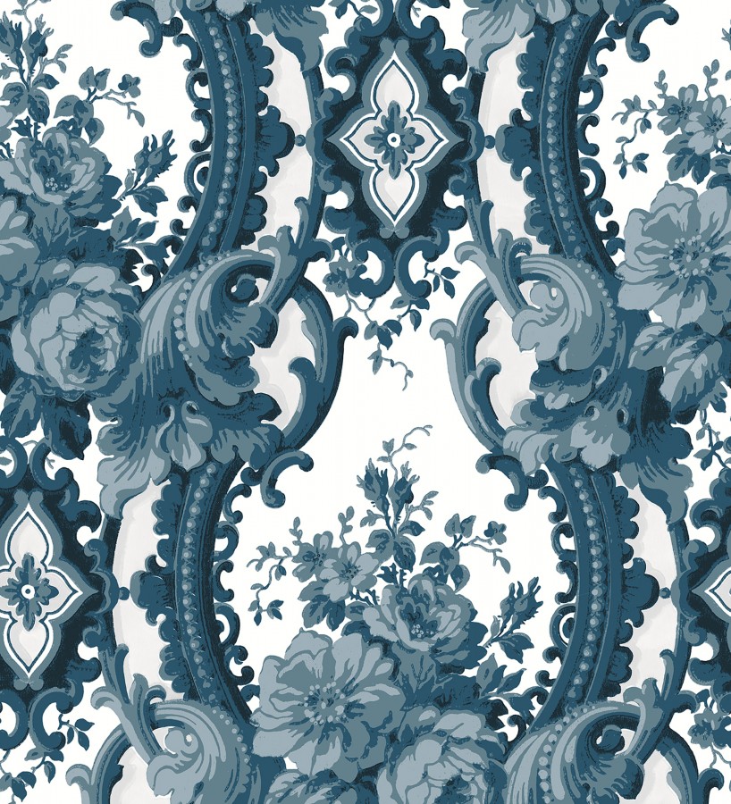 Papel pintado con flores enmarcadas en arcos con volutas estilo inglés tonos azules York House 679467