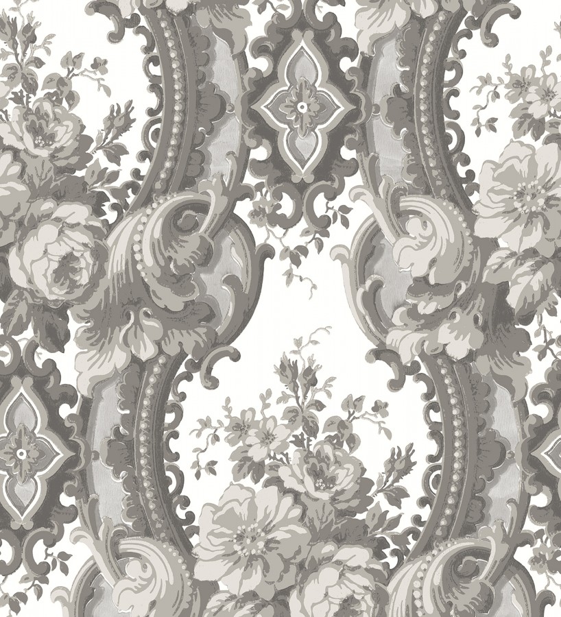 Papel pintado con flores enmarcadas en arcos con volutas estilo inglés tonos grises York House 679468
