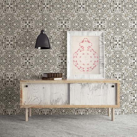 Papel pintado rosetones efecto azulejo tonos oscuros estilo árabe Nazar 679625