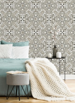 Papel pintado rosetones efecto azulejo tonos oscuros estilo árabe Nazar 679625