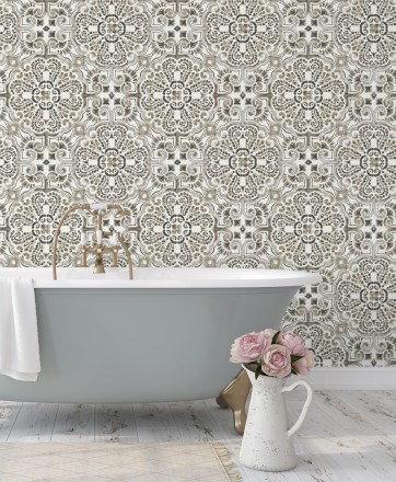 Papel pintado rosetones efecto azulejo tonos oscuros estilo árabe Nazar 679625