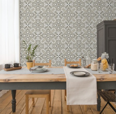 Papel pintado rosetones efecto azulejo tonos oscuros estilo árabe Nazar 679625