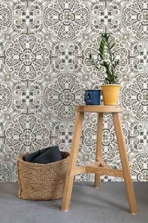 Papel pintado rosetones efecto azulejo tonos oscuros estilo árabe Nazar 679625