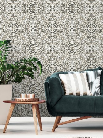 Papel pintado rosetones efecto azulejo tonos oscuros estilo árabe Nazar 679625
