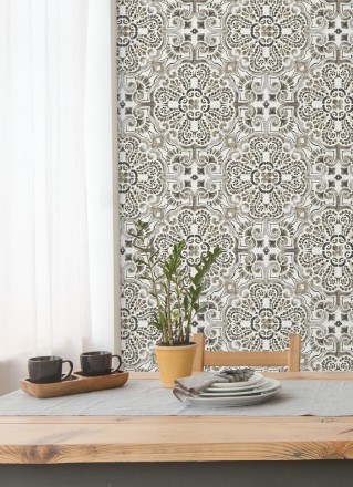 Papel pintado rosetones efecto azulejo tonos oscuros estilo árabe Nazar 679625