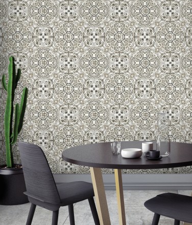 Papel pintado rosetones efecto azulejo tonos oscuros estilo árabe Nazar 679625
