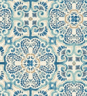 Papel pintado rosetones efecto azulejo tonos azules estilo árabe Nazar 679626