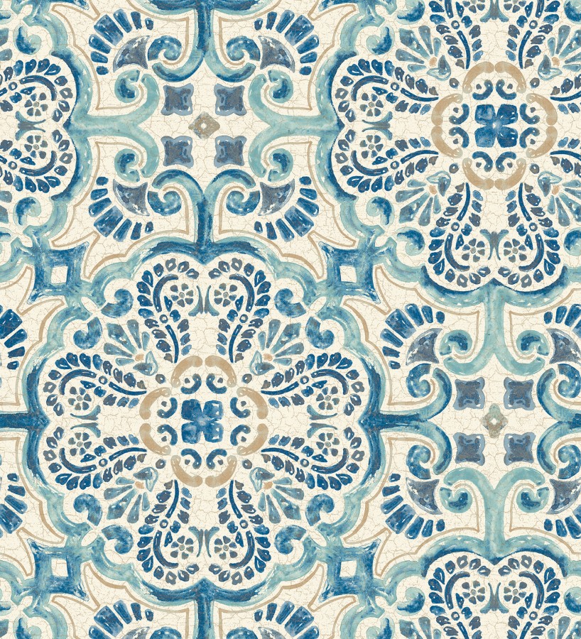 Papel pintado rosetones efecto azulejo tonos azules estilo árabe Nazar 679626