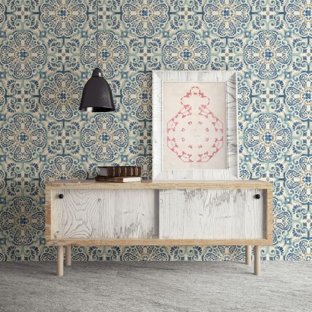 Papel pintado rosetones efecto azulejo tonos azules estilo árabe Nazar 679626