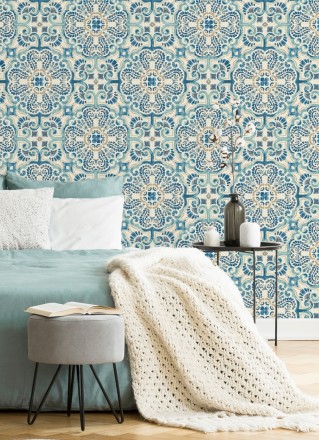 Papel pintado rosetones efecto azulejo tonos azules estilo árabe Nazar 679626