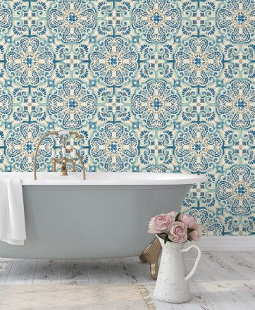 Papel pintado rosetones efecto azulejo tonos azules estilo árabe Nazar 679626