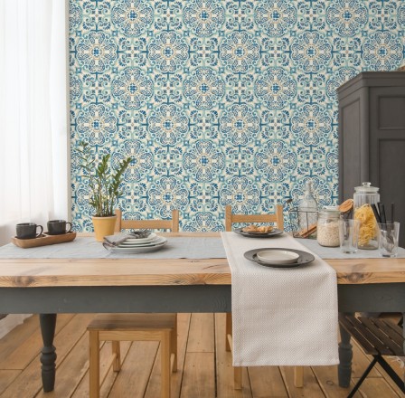 Papel pintado rosetones efecto azulejo tonos azules estilo árabe Nazar 679626