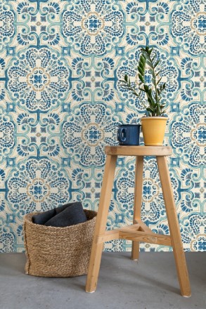 Papel pintado rosetones efecto azulejo tonos azules estilo árabe Nazar 679626