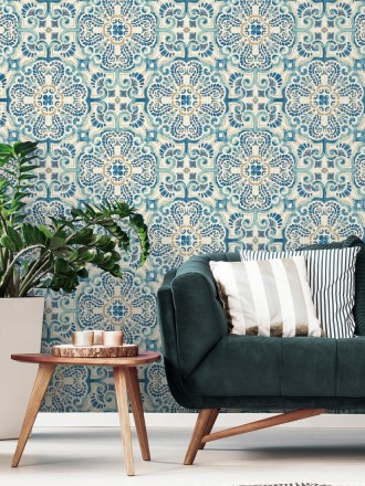 Papel pintado rosetones efecto azulejo tonos azules estilo árabe Nazar 679626