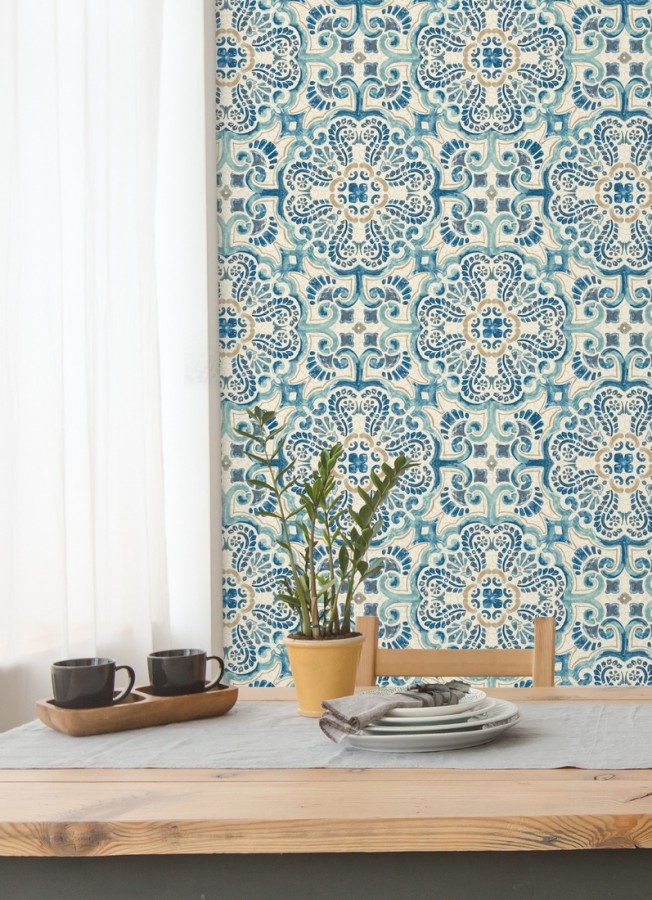 Papel pintado rosetones efecto azulejo tonos azules estilo árabe Nazar 679626