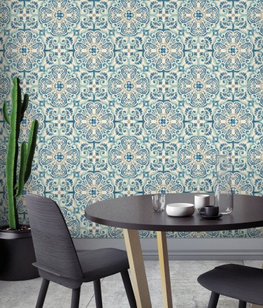 Papel pintado rosetones efecto azulejo tonos azules estilo árabe Nazar 679626