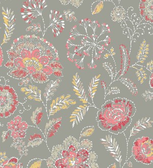 Papel pintado flores rojo coral fondo gris estilo inglés Danish Garden 679722