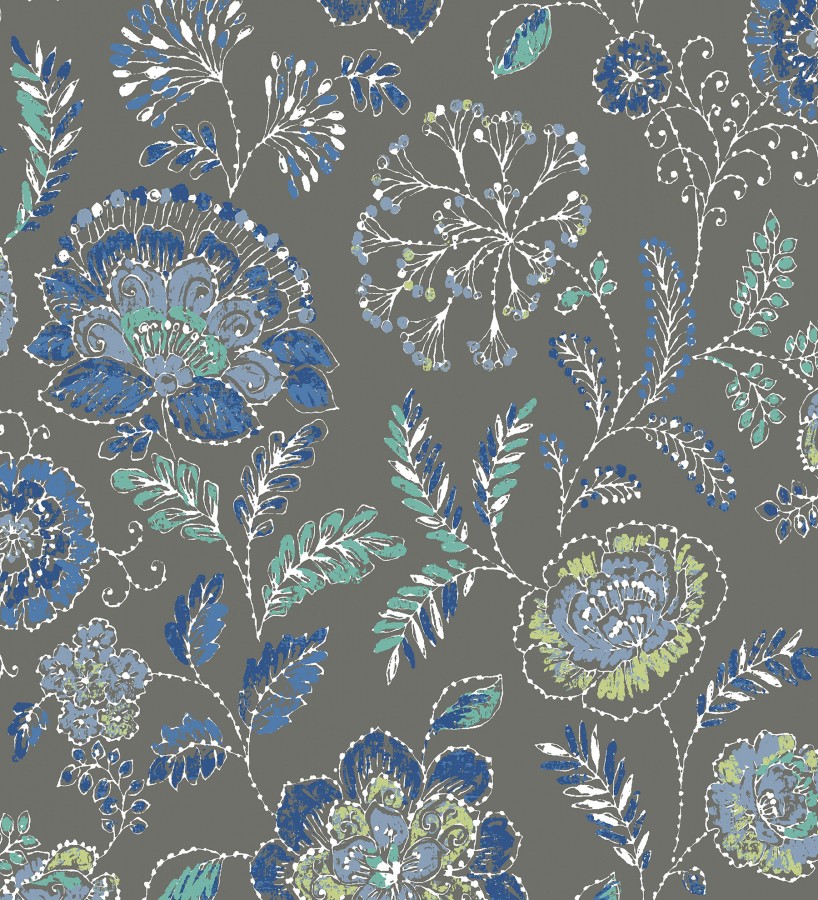 Papel pintado flores azules fondo gris oscuro estilo inglés Danish Garden 679724