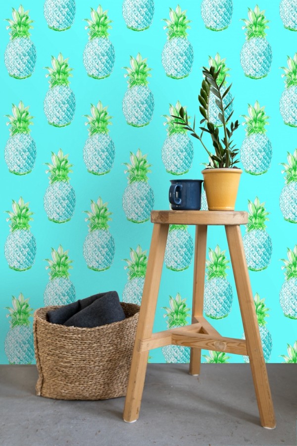 Papel pintado de piñas celeste turquesa estilo tropical Tropical Fruit 679750