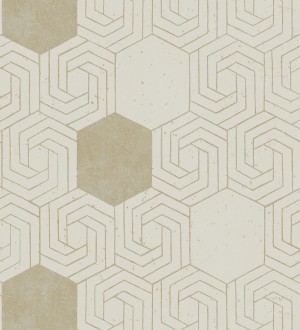 Papel pintado geométrico hexagonal color aluminio dorado fondo beige pálido mate Kendal 679827