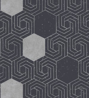 Papel pintado geométrico hexagonal color plata metalizado fondo azul oscuro mate Kendal 679828