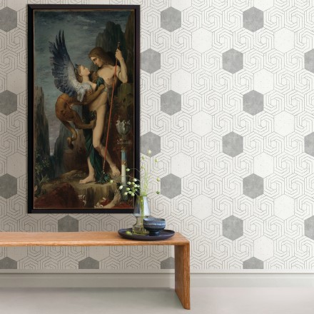 Papel pintado geométrico hexagonal color plata metalizado fondo blanco roto mate Kendal 679836