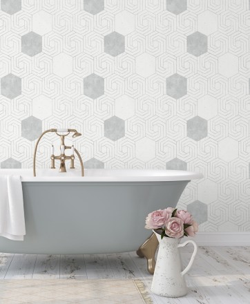 Papel pintado geométrico hexagonal color plata metalizado fondo blanco roto mate Kendal 679836