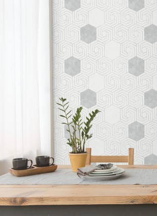Papel pintado geométrico hexagonal color plata metalizado fondo blanco roto mate Kendal 679836