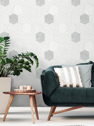 Papel pintado geométrico hexagonal color plata metalizado fondo blanco roto mate Kendal 679836