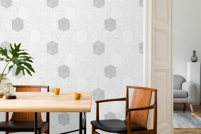 Papel pintado geométrico hexagonal color plata metalizado fondo blanco roto mate Kendal 679836