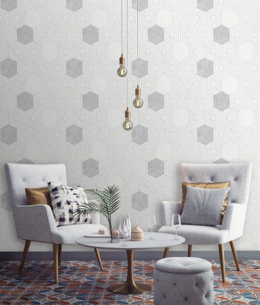 Papel pintado geométrico hexagonal color plata metalizado fondo blanco roto mate Kendal 679836