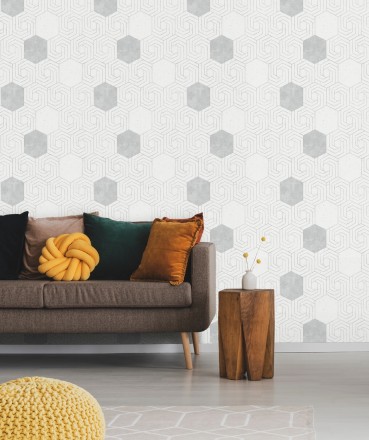 Papel pintado geométrico hexagonal color plata metalizado fondo blanco roto mate Kendal 679836