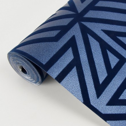 Papel pintado geométrico con terciopelo azul Monaco 679840