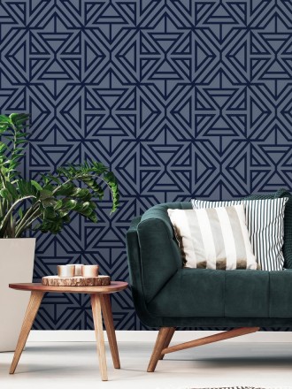Papel pintado geométrico con terciopelo azul Monaco 679840
