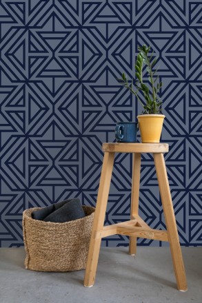 Papel pintado geométrico con terciopelo azul Monaco 679840