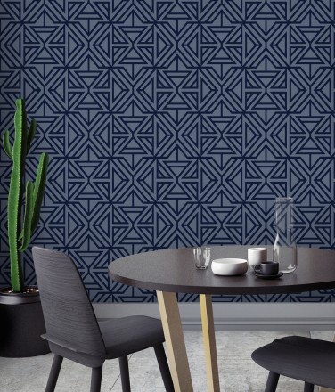 Papel pintado geométrico con terciopelo azul Monaco 679840