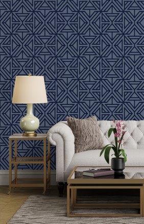 Papel pintado geométrico con terciopelo azul Monaco 679840