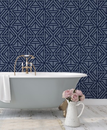 Papel pintado geométrico con terciopelo azul Monaco 679840