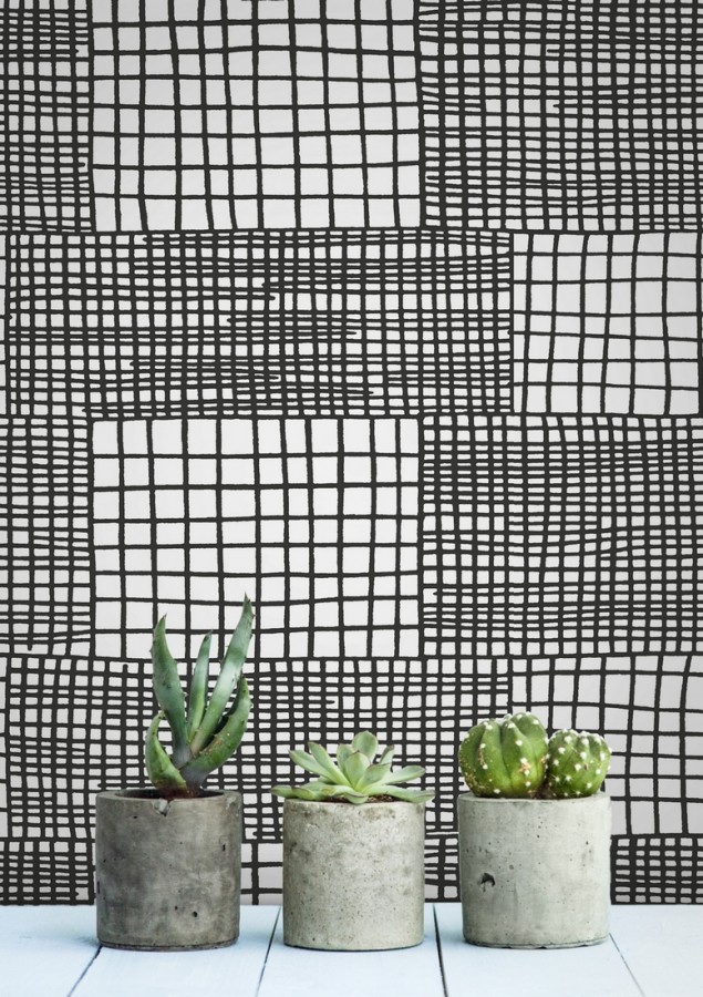 Papel pintado abstracto de lineas y cuadros negros de estilo moderno  Gordon Squares 680611